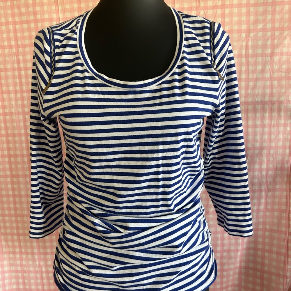 Michael Kors Blue and White Striped Long Sleeve Scoop Neck Top